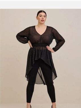 Torrid NWT Black Sheer Hi-Low Polka Dot Tunic Top